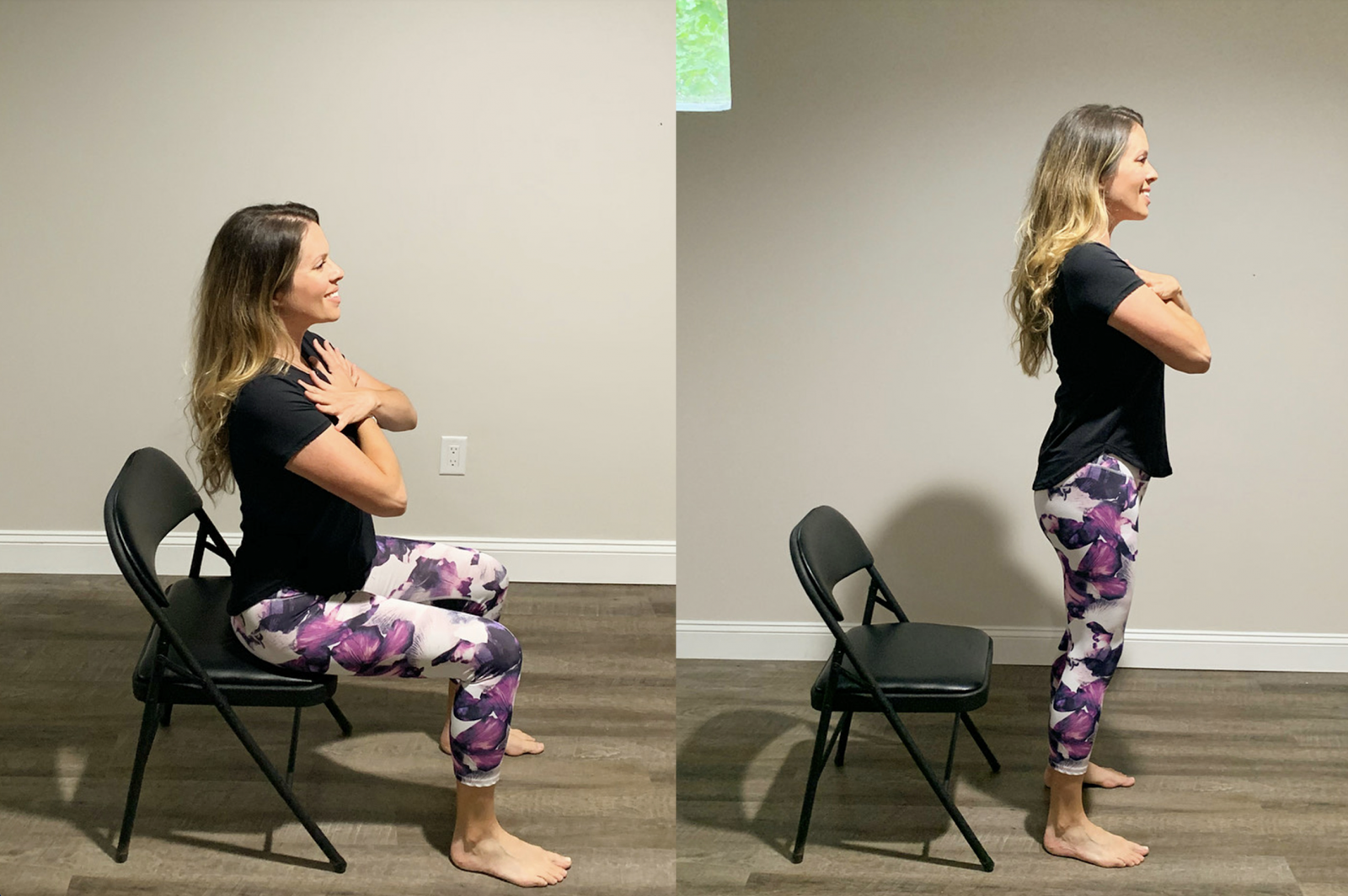 Đứng lên ngồi xuống từ ghế giúp tăng sức mạnh cho chân và hông